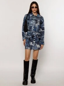 SHEIN Essnce 女式牛仔效果夹克和裙子套装 - 藍色 - 查看 1