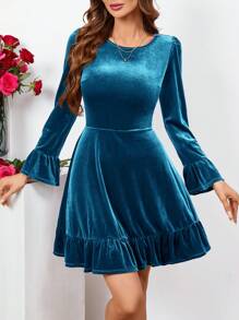 SHEIN Clasi Women'S Velvet Dress With Ruffled Hem - Blue - View 4