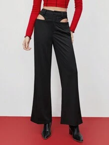 Maija Women's Solid Color High Waist Hollow Out Pants - Black - View 4