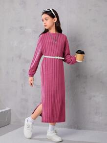 SHEIN Leap Crew Tween Girls' Loose Round Neck Sweater Dress With Side Slit & Drop Shoulder Design - Hot Pink - View 5