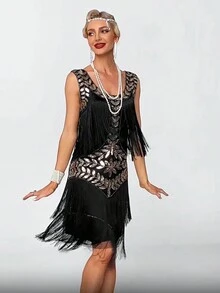 女士复古无袖连衣裙，带流苏和亮片细节，优雅鸡尾酒半正式舞会婚礼宾客礼服，适合生日、毕业典礼、晚宴、返校节派对礼服 - 黑色 - 查看 6