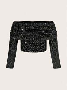 Flirla Kích thước lớn Off Shoulder Ngắn Áo thun - màu đen - Xem 2