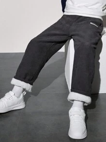 SHEIN 男童休閒舒適的厚厚保暖褲子,帶有英式毛毛內裡 - 深灰色 - 查看 1