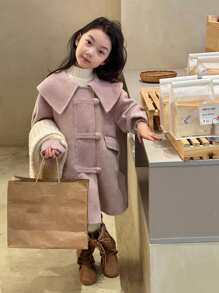 小女孩韩版时尚翻领冬装外套，新款加厚保暖中长款针织外套 - 粉色 - 查看 5