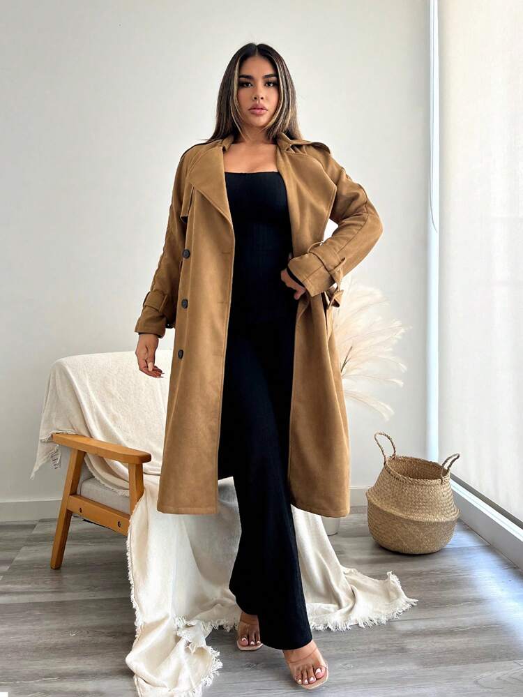 Double-Breasted Trench Coat With Belted Waist And Raglan Sleeve