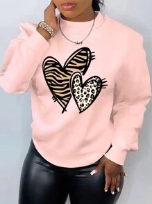 Calvaya Plus Size Animal Print Heart Pattern Fleece Sweatshirt - Pink - View 1