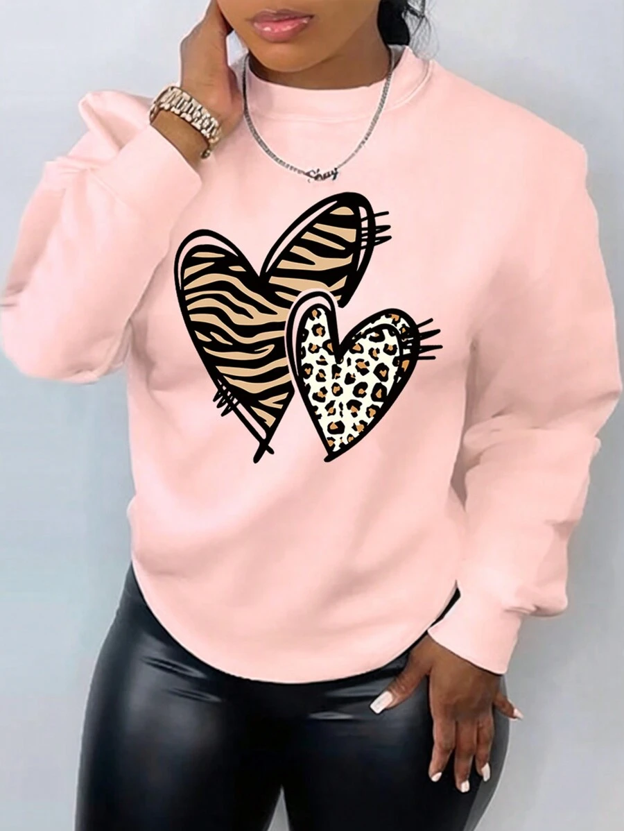 Calvaya Plus Size Animal Print Heart Pattern Fleece Sweatshirt - Pink - View 1