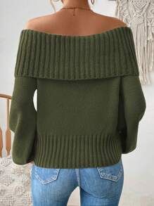 SHEIN Privé 女露肩燈籠袖毛衣 - 軍綠色 - 查看 2