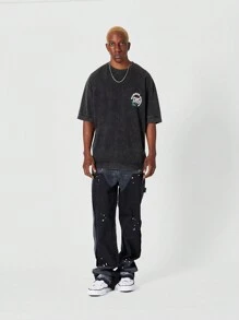 SUMWON Colour Blocked Flare Fit Jean With Paint Print - Black - View 3