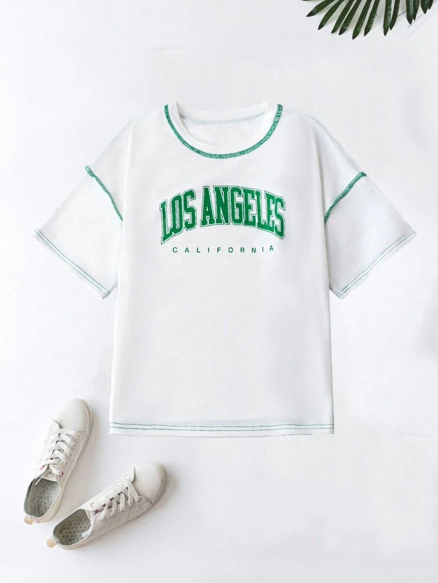 SHEIN Unity Color Block Stitching Design Letter Print T-Shirt - White - View 1