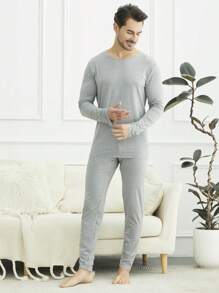 男士圓領長袖長褲保暖內衣套裝 - 灰色 - 查看 6