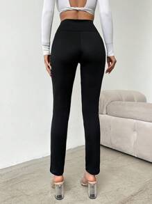 RueChic High Waist Button Detail Skinny Pants - Black - View 2