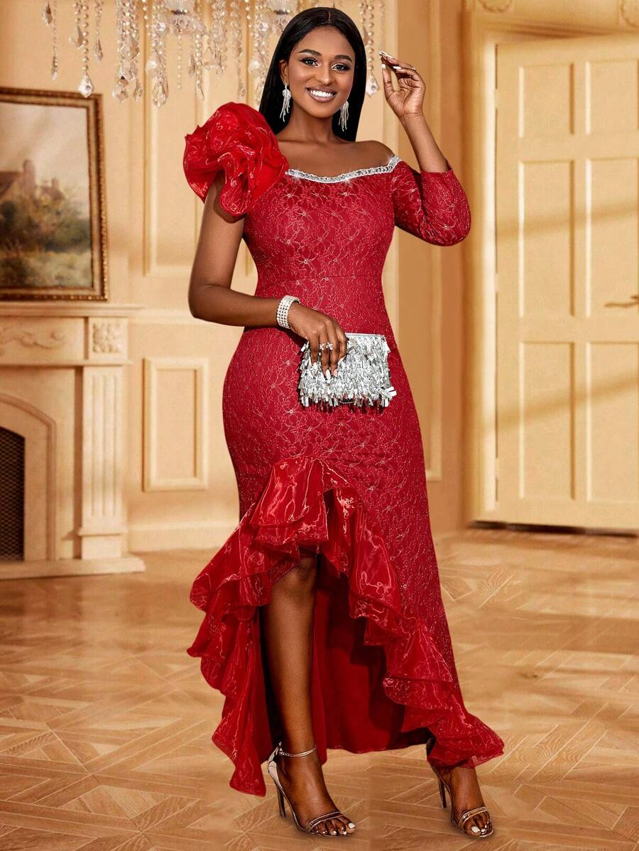 不对称下摆蕾丝派对礼服，带褶边和亮片装饰 - 酒紅色 - 查看 1