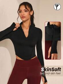 SHEIN Sports Women's Stand Collar Zipper Closure Half Placket Slim Fit Sports Sweatshirt - Black - View 1