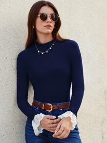 SHEIN Frenchy Damen Besticktes Mesh Kontrast Stehkragen T-Shirt mit Rüschenärmeln - marineblau - Übersicht 4