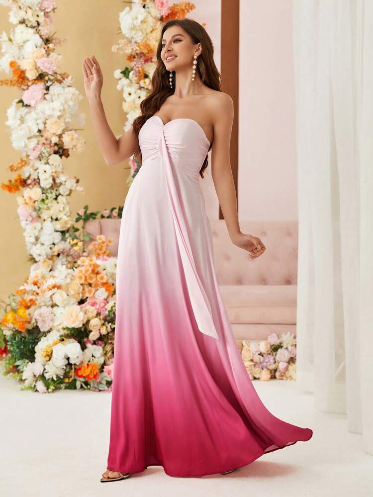 Strapless Ombre Graduation Bridesmaid Dress With Ruched Bust