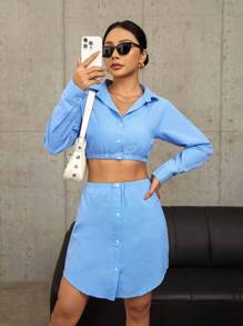 GENKIRA Conjunto de 2 piezas de camisa corta y falda de unicolor para mujer - Azul - Ver 1