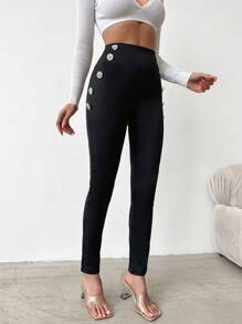 RueChic High Waist Button Detail Skinny Pants - Black - View 1