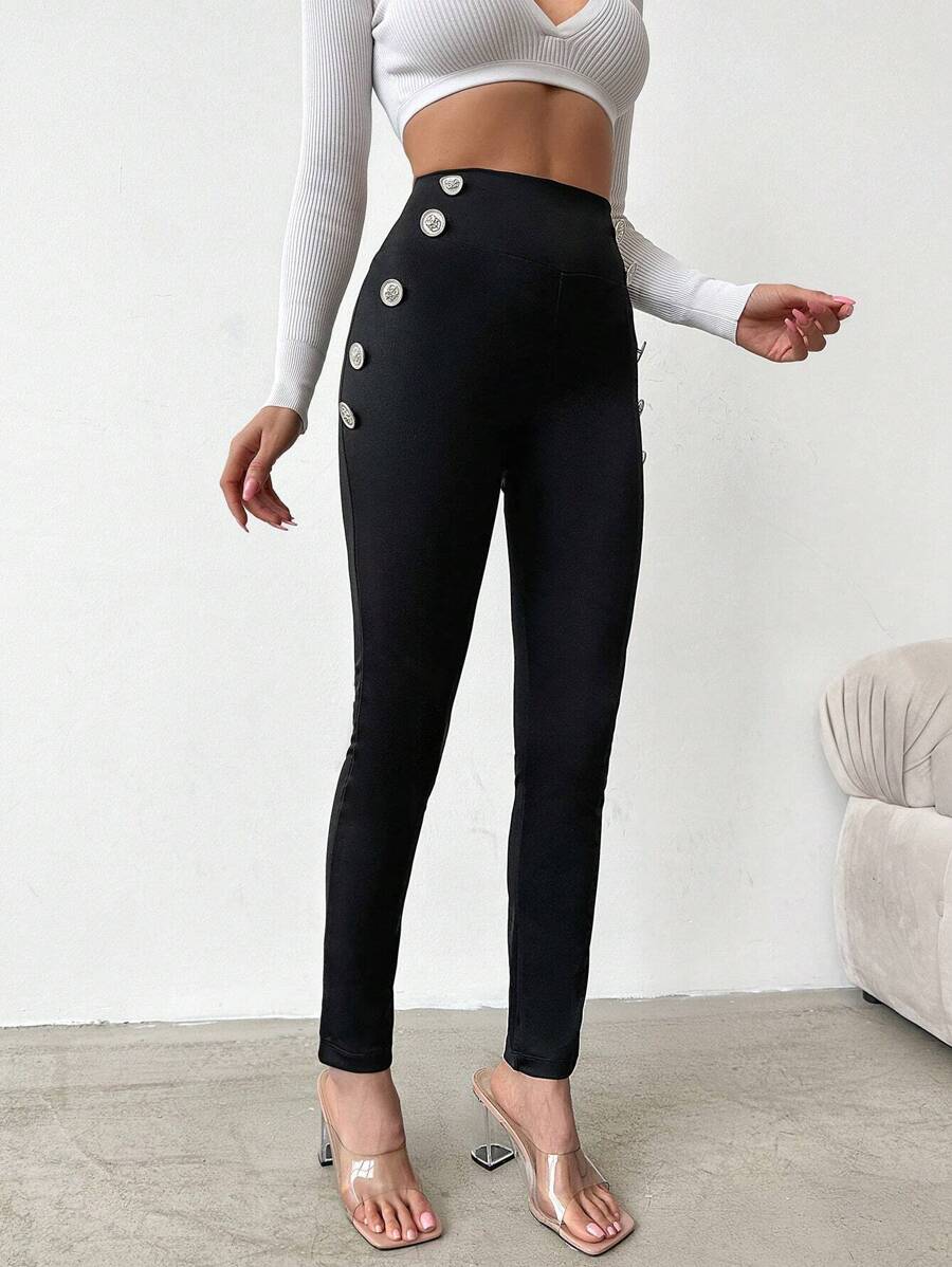 RueChic High Waist Button Detail Skinny Pants - Black - View 1