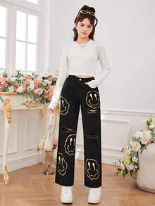 Teen Girls' Cartoon Print Ripped Straight Leg Jeans - Black - View 5
