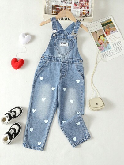 Genkimix Kids Young Girl Toddler Girls' Heart Printed Denim Jumpsuit Summer Holiday