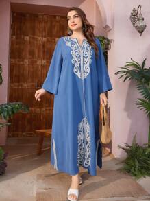 Al Najma Plus Size Embroidered Patchwork Notch Collar Bell Sleeve Dress Kaftan Jalabiya Dress
