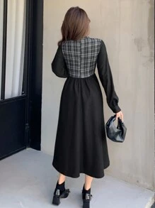 DAZY Của phụ nữ Kẻ sọc Vá lại Vòng cổ & Viền ren Xu hướng: Cắt giảm Đầm - màu đen - Xem 8