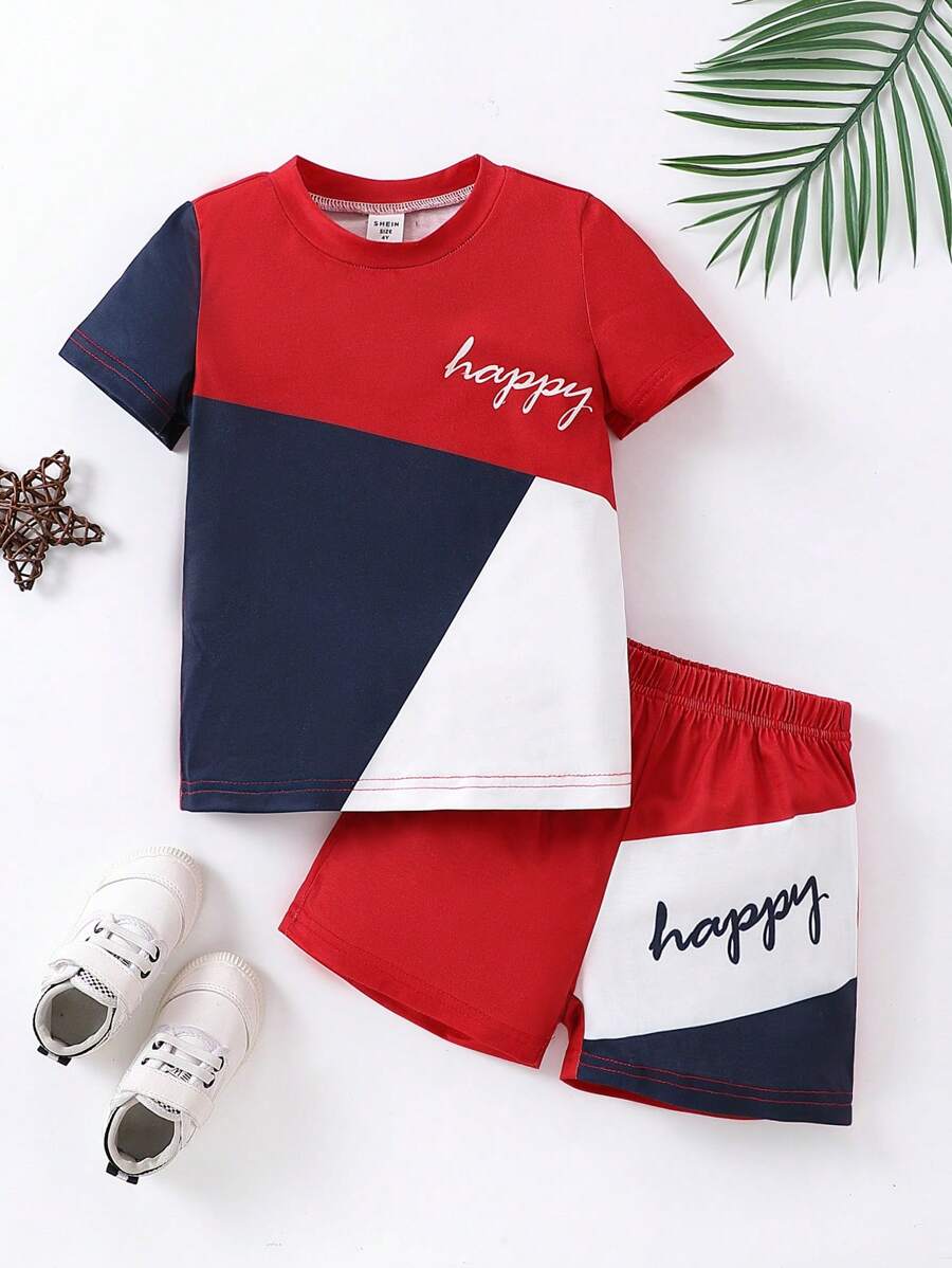 SHEIN 幼兒男童休閒字母拼接短袖t卹和短褲套裝,夏季兩件套 - 彩色 - 查看 1