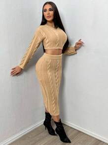 Zolique Conjunto De Suéter De Punto Retorcido De Hombro Caído De Color Sólido Para Mujer - Caqui - Ver 4