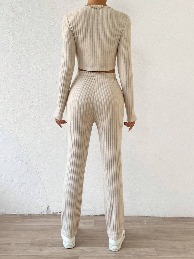 Women'S Solid Color Knit Ribbed Two Piece Set