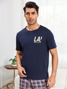 Men'S Slogan Printed Home Wear Top - Navy Blue - View 7