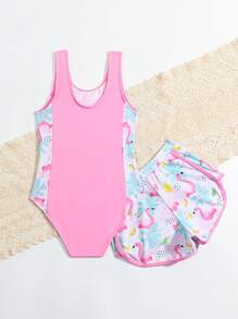 SHEIN Young Girl Cartoon Flamingo Printed One-Piece Swimsuit With Swimsuit Shorts, Summer - Pink - View 2