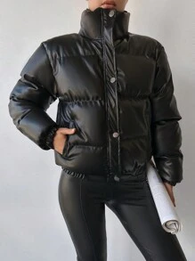 EURMUSE Slant Pocket Zip Up Puffer Coat - Black - View 3