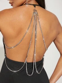 Hauture Rhinestone Draped Backless Halter Dress - Black - View 3