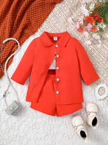 Juego De Ropa Informal De 3 Piezas De Color Sólido Para Niña Bebé - Naranja - Ver 3
