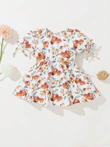 SHEIN 新生兒女嬰短袖花卉印花圓領褶皺腰裙 - 彩色 - 查看 1