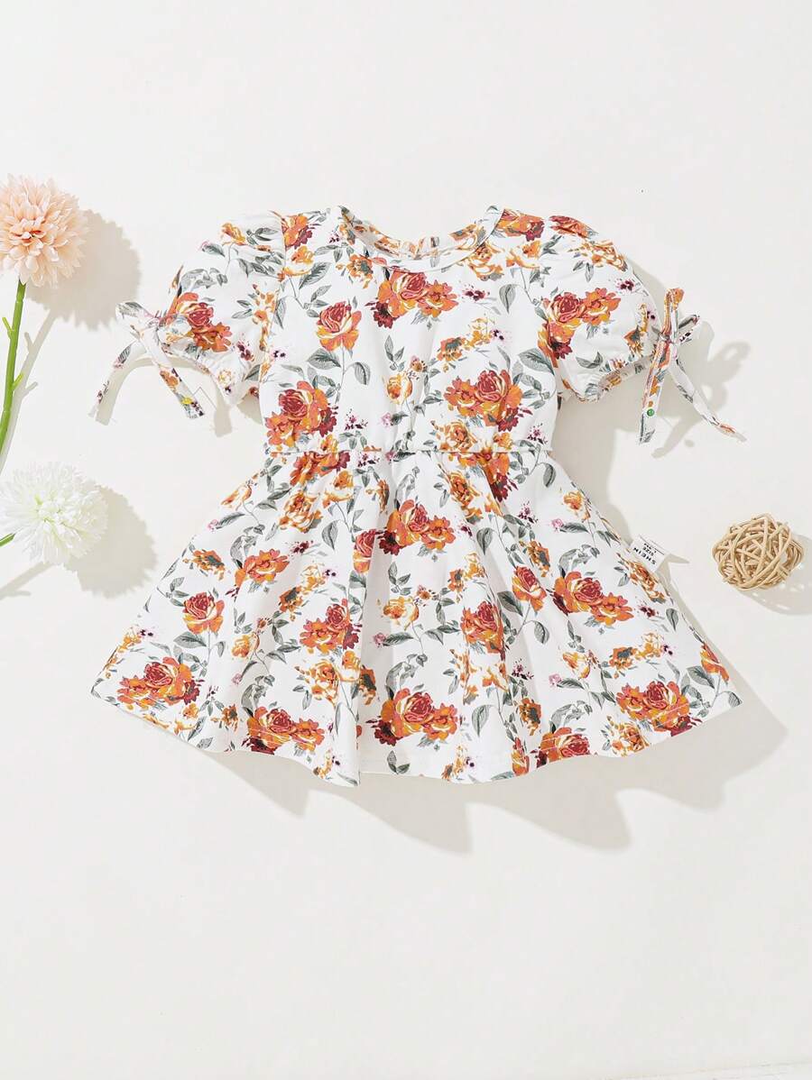 SHEIN 新生兒女嬰短袖花卉印花圓領褶皺腰裙 - 彩色 - 查看 1