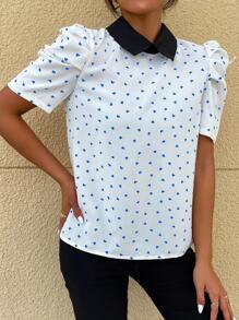 Mulvari Hình trái tim Vá lại Vòng cổ Ống tay áo Áo sơ mi - Màu xanh lam - Xem 3