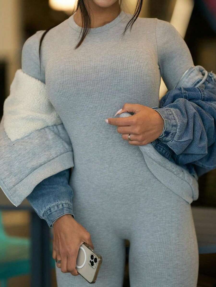 INAWLY 女式街头风格纯色圆领针织连体衣 - 灰色 - 查看 1
