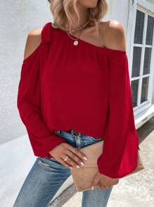 SHEIN LUNE Solid Asymmetrical Shoulder Shirt - Burgundy - View 4