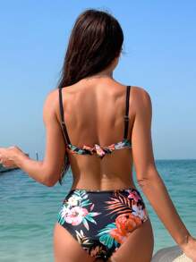 SHEIN Swim Women's Tropical Plant Printed Bikini Set With Push Up, Underwire Carnival Summer Beach