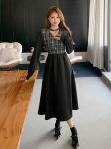 DAZY Của phụ nữ Kẻ sọc Vá lại Vòng cổ & Viền ren Xu hướng: Cắt giảm Đầm - màu đen - Xem 5