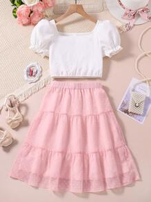 SHEIN Explorewe Cô gái Tween Màu thuần Ống tay áo Áo Với Màu hồng Chấm bi Lưới Bộ váy - Hồng - Xem 2
