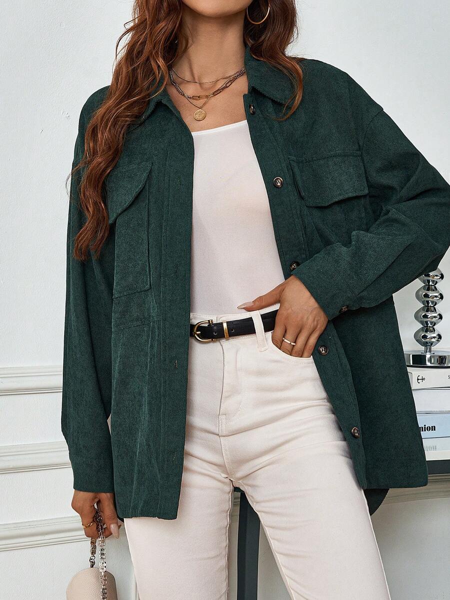 SHEIN Clasi Women's Lapel Collar Drop-Shoulder Coat With Flap Pockets And Button Closure Fall Cloth For Women - Green - View 1