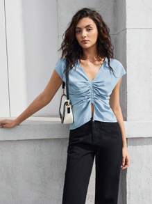 BizChic Solid Color Blouse With Pleated Details