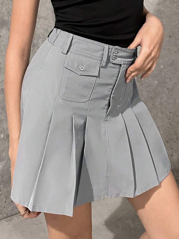 Flap Pocket Front Pleated Skirt