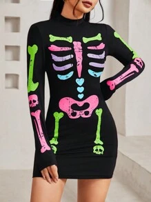 SHEIN PETITE 女款立領羅紋印花長袖連身裙 - 黑色 - 查看 1