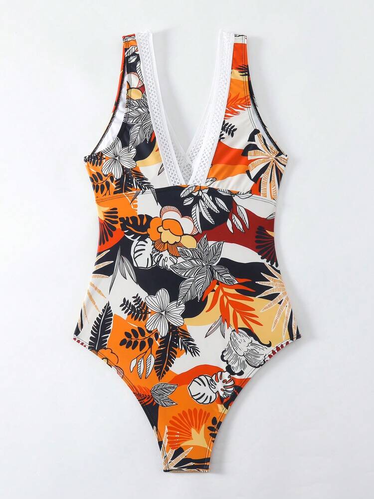 Women's V-Neck Tropical Print Vacation One-Piece Swimsuit Carnival Summer