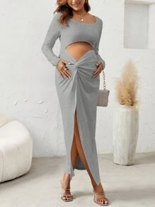 SHEIN Maternity Twist Knot Cut-Out Knit Dress - Light Grey - View 1