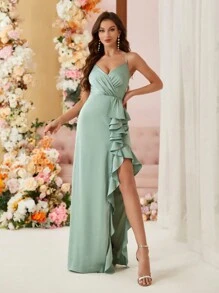 SHEIN Belle Bridesmaid Dress With Ruffled Trim And High Side Slit - Green - View 2